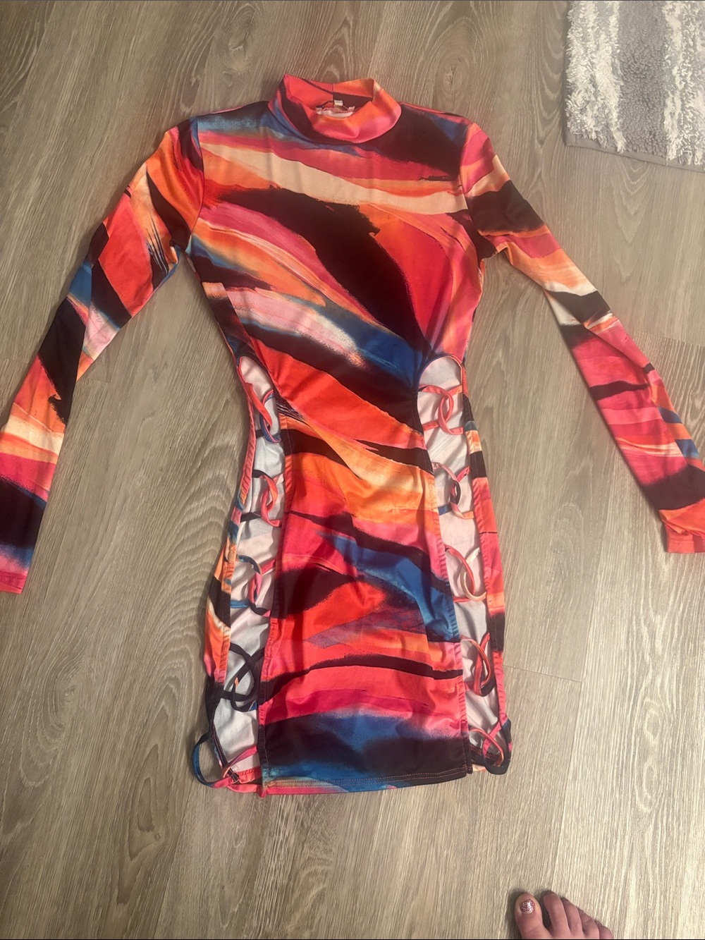 Fashion Nova Multicolor Red Pink Orange Blue Ring-Detail Bodycon Mini Dress